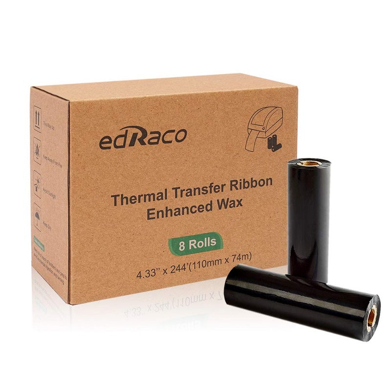 Edraco Desktop Thermal Transfer Ribbons -Enhanced Wax, 8 Rolls, 4.33" x 244'/110mm x 74m for Zebra Desktop Printer - Image 1